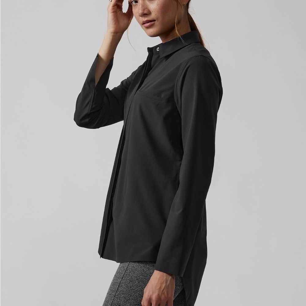Athleta Urbanite Top Black Small Tall Featherweight Stretch Button Down Shirt - Picture 2 of 6